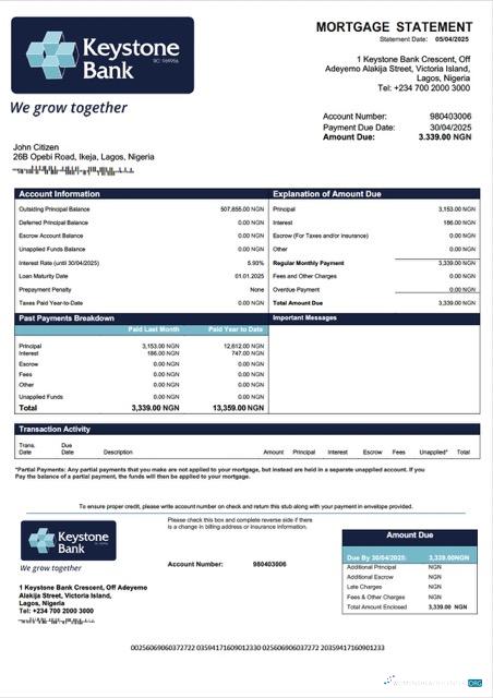 Download Nigeria Keystone Bank mortgage statement Word and PDF template Photoshop template